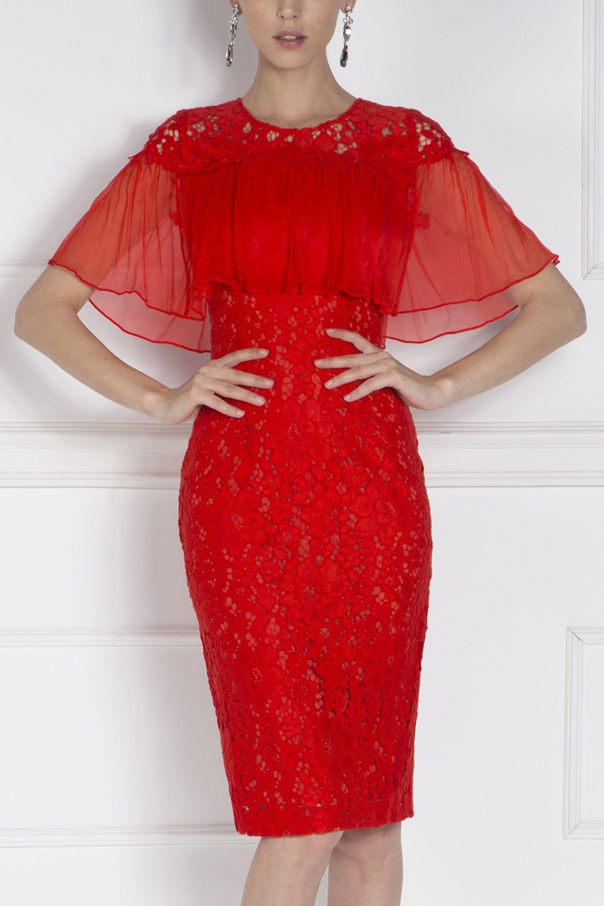 Rochie midi din dantela cu volan din matase Rosu