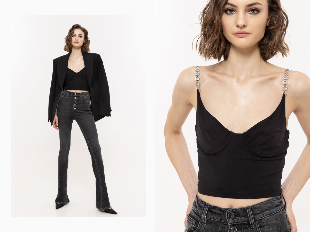 Top scurt cu bretele din strasuri