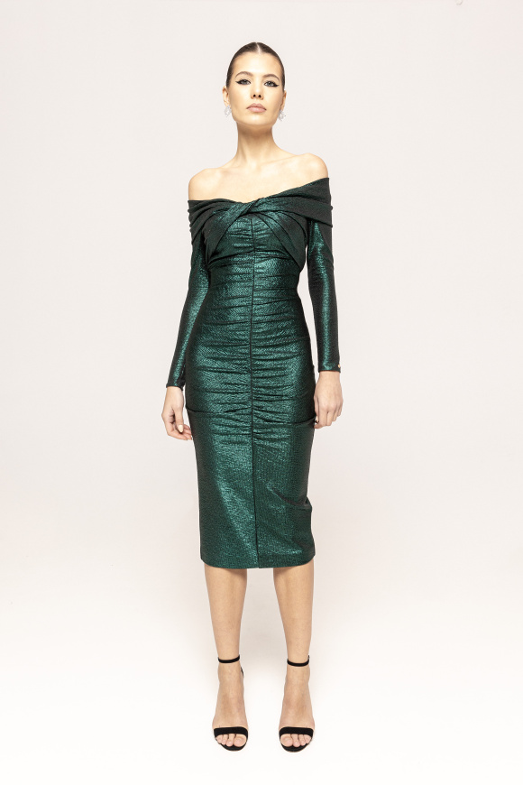 Metallic ruched midi dress