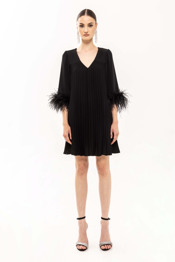Feather trimmed pleated dress