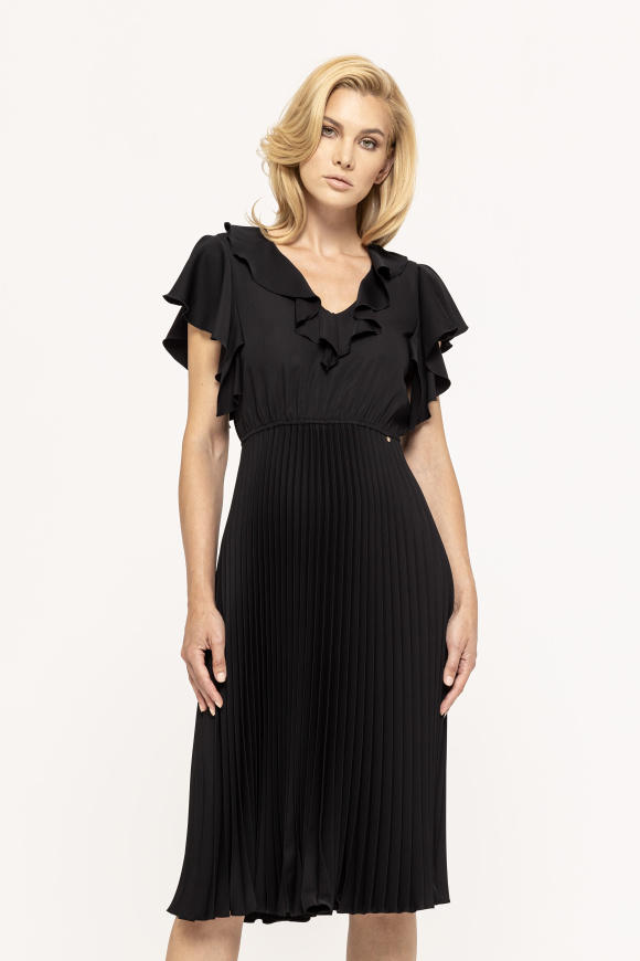 Ruffle-trimmed pleated midi dress