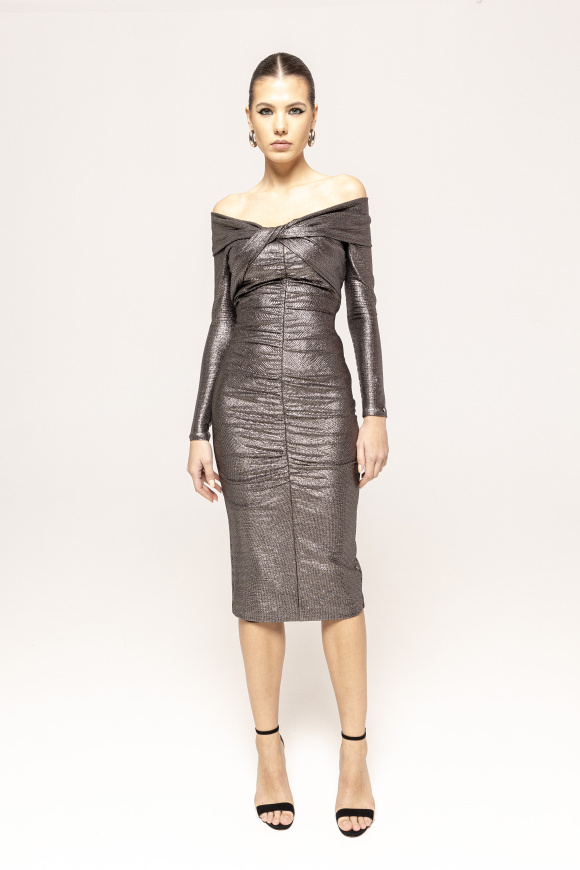 Metallic ruched midi dress