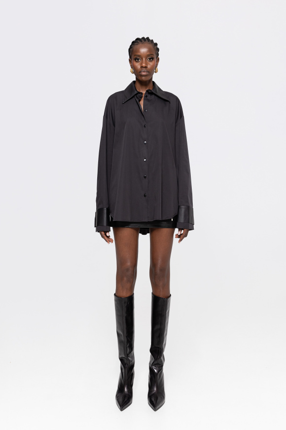 Camasa din poplin cu detalii din piele ecologica