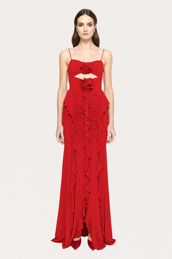 Rochie cu volane si flori pe decolteu