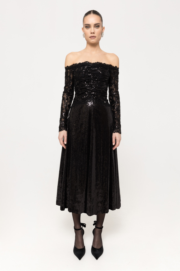 Sequinned off-shoulder midi dress