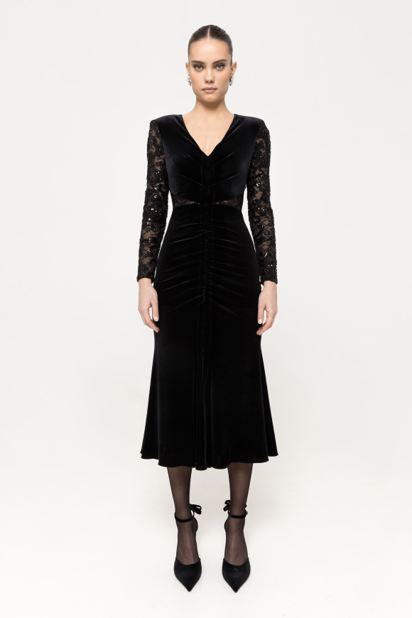 Lace-insert velvet midi dress