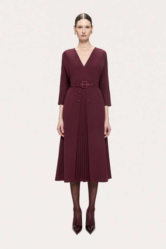Belted pleated midi dress