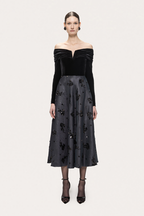 Off-shoulder embellished midi dress