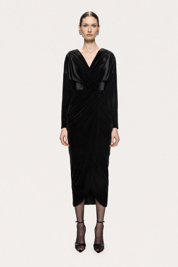 Glitter velvet draped midi dress