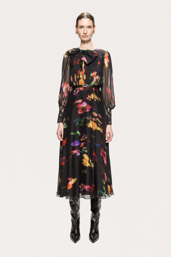Floral silk bow midi dress