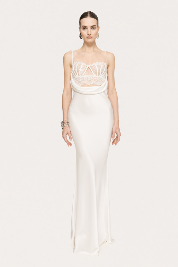 Rochie satinata cu bust din dantela