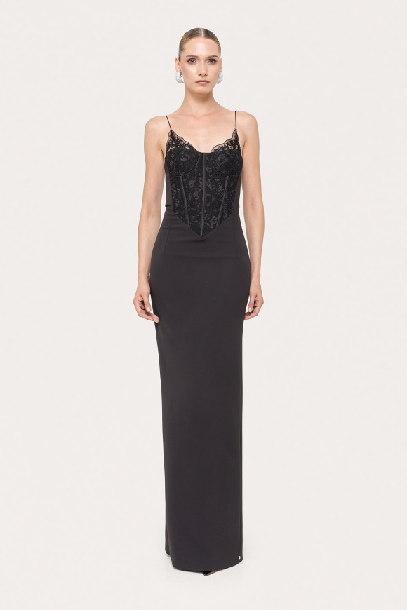 Rochie din stofă cu bust tip corset şi dantelă