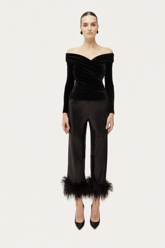 Off-shoulder draped velvet top