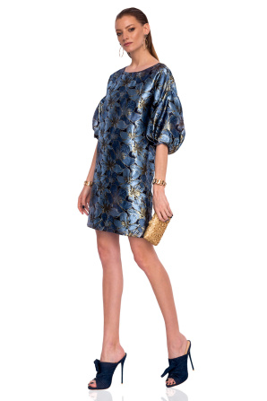 Brocade dress with puffed sleeves