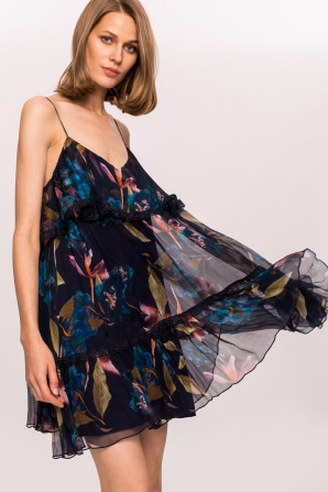 Silk floral print dress with lace details