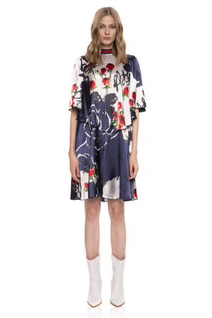 Silk floral print dress with ruffle