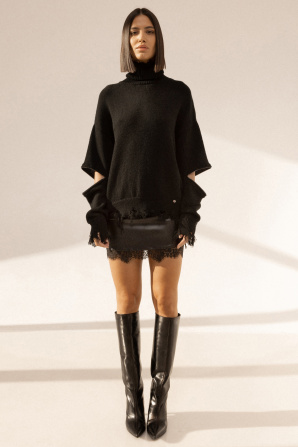 Lace trim faux leather skirt