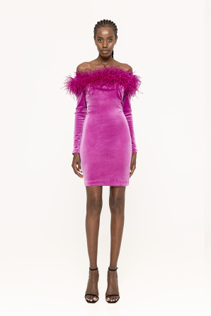 Feather trimmed velvet dress