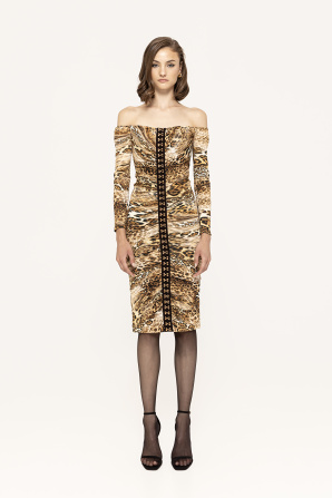 Leopard-print off-shoulder midi dress