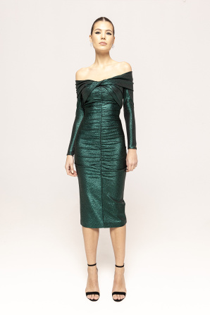Metallic ruched midi dress