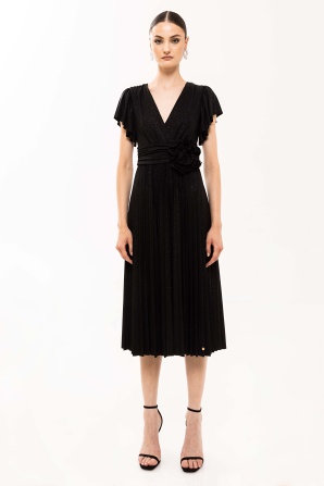 Floral-appliqué pleated dress