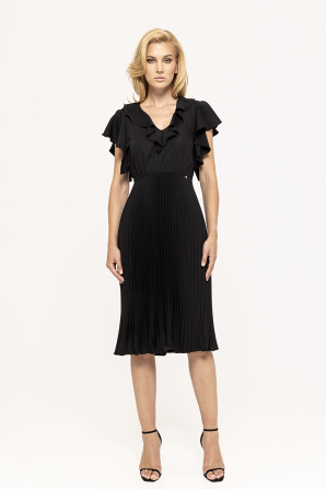 Ruffle-trimmed pleated midi dress