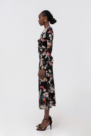 Floral-appliqué velvet midi dress