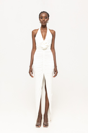 Floral-appliqué ruched maxi dress