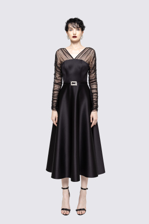 Tulle insert taffeta midi dress