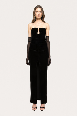 Detachable gloves velvet maxi dress