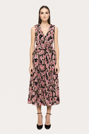 Printed pleated chiffon midi dress