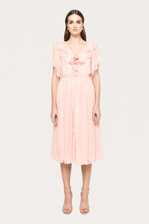 Floral-appliqué silk midi dress