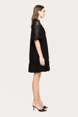 Lace-insert linen midi dress