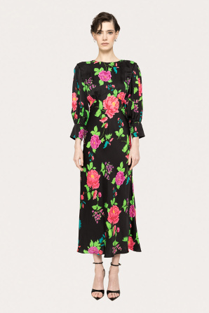 Puff-sleeves viscose midi dress