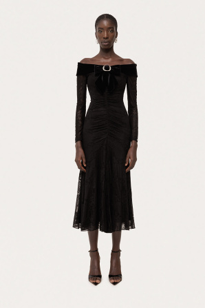 Bow-detail lace midi dress