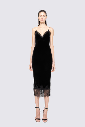 Lace-trim velvet midi dress