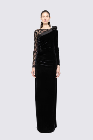 Lace-trim velvet maxi dress