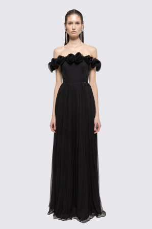 Floral-appliqué silk maxi dress