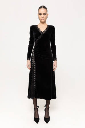 Lace-insert velvet midi dress