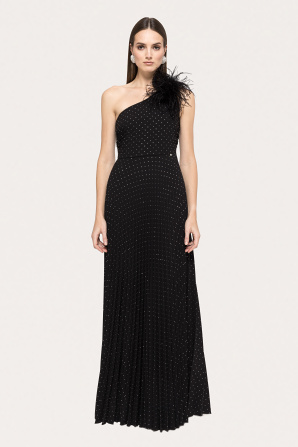 Feather trimmed pleated dress