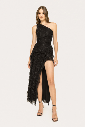 Rhinestone-embellished lace maxi dress