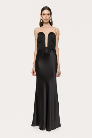 Fringe-detail satin maxi dress