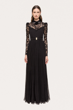 Lace-panel silk maxi dress