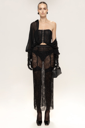 Rhinestone-embellished lace maxi skirt