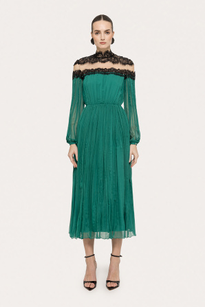 Lace-panel silk midi dress