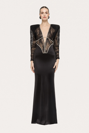 Lace-paneling satin maxi dress