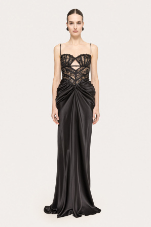 Lace-panel silk maxi dress