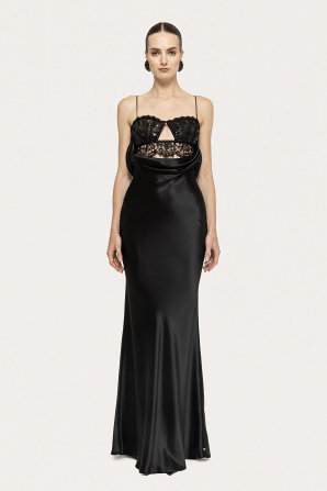 Lace-panel satin maxi dress