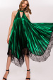 Rochie asimetrica verde metalic cu dantela