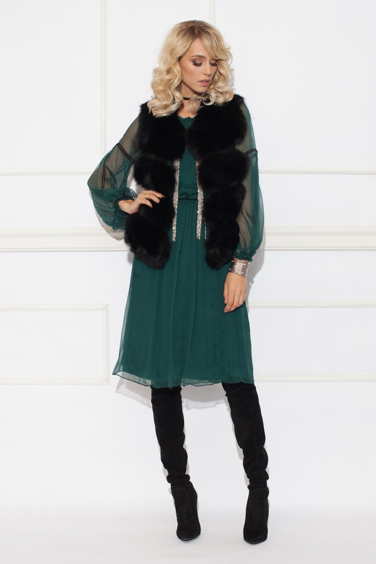 Rochie verde din matase cu cordon | RC8202 | NISSA